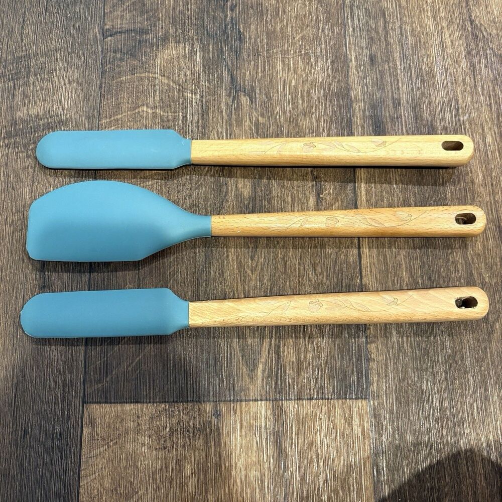 3 Pc Silicone Spatula Spreader Set Blue Silicone Wood Handles Kitchen Utensils